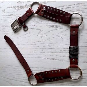 Genuine Leather Hand Made Belt Silver Buckle Rhinestone Embellish Studded D Ring